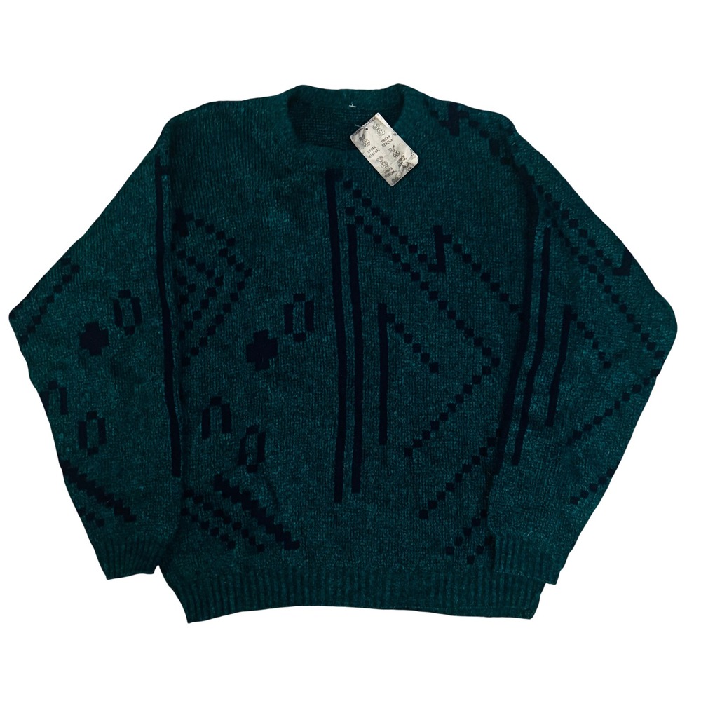 Urban Renewal Sweater Vintage Geometric Knit Teal Black Mens Large Made in USA